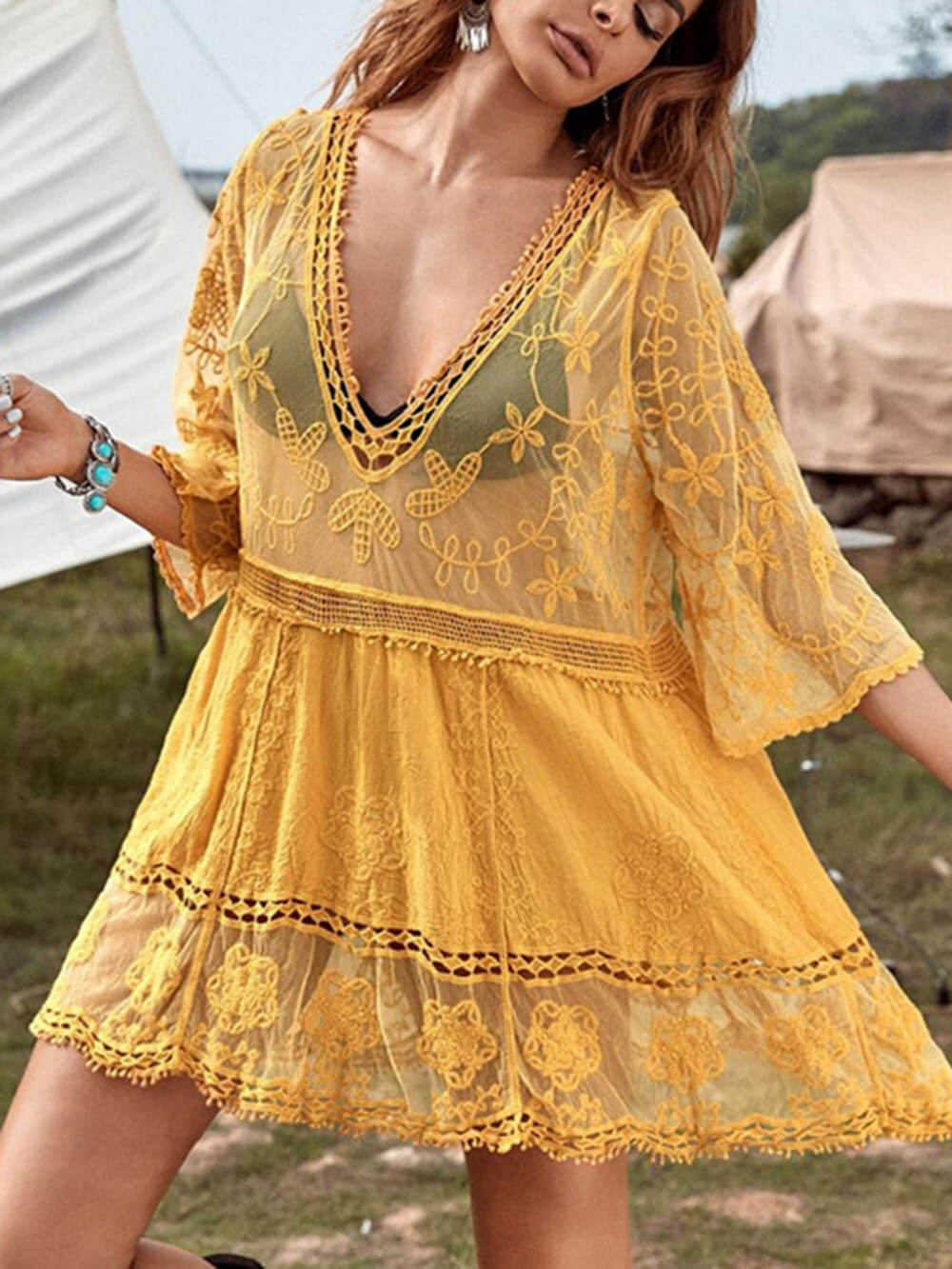 Women's Beach Vacation Cover-Up Dress with Lace Detailing and Loose Fit