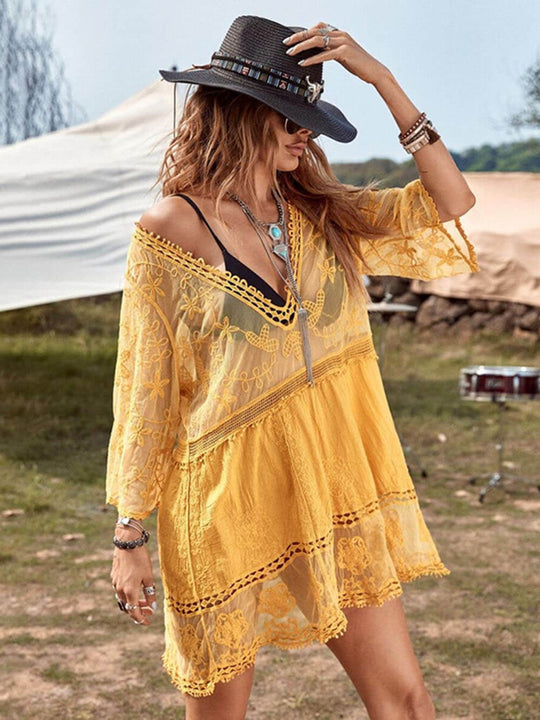 Women's Beach Vacation Cover-Up Dress with Lace Detailing and Loose Fit