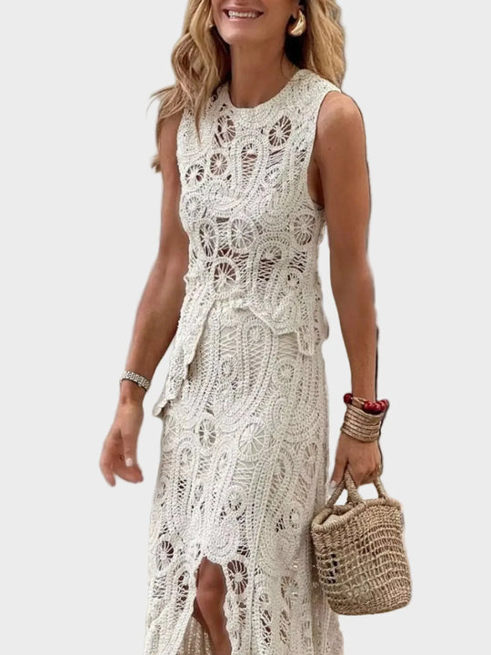 Women's Crochet Sleeveless Tank and Skirt Set with Openwork Design and Asymmetrical Hem