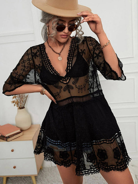 Women's Beach Vacation Cover-Up Dress with Lace Detailing and Loose Fit