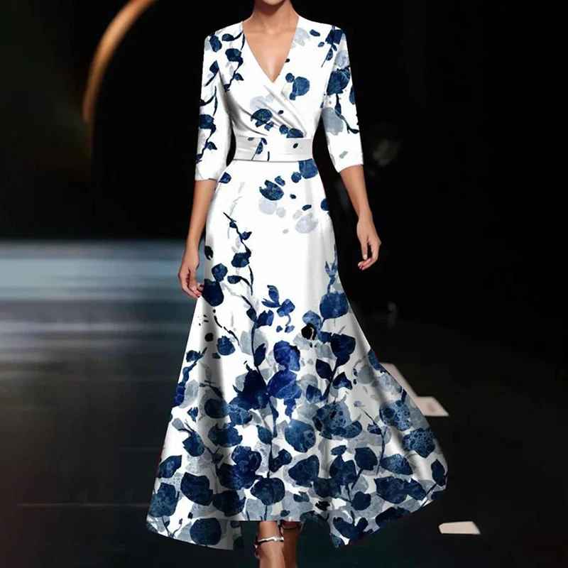 Women's Floral Maxi Dress with V-Neckline and Flowing Fit