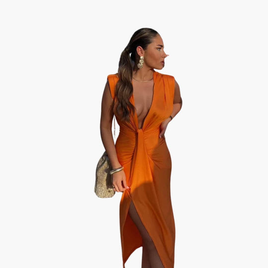 Women’s Midi Dress with Pleated Front and Slit