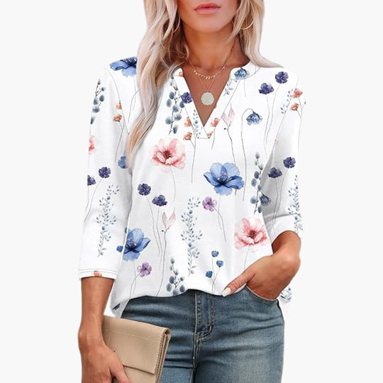 Women's Tunic Top with 3/4-Length Sleeves and Pleated Front