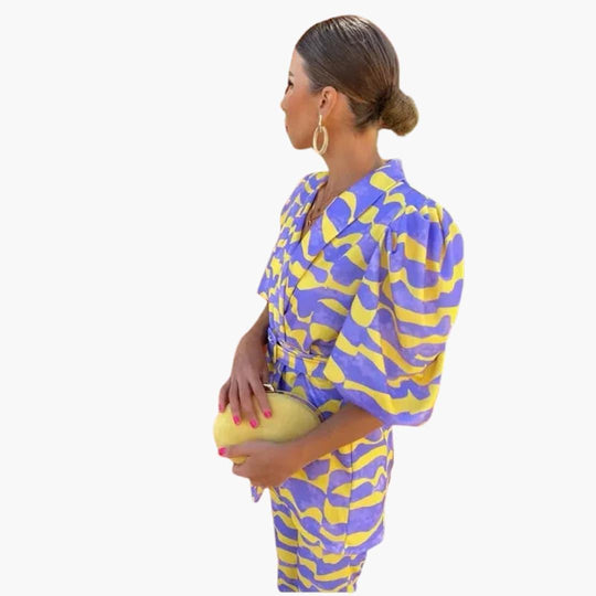 Women's Two-Piece Set with Blazer-Style Top and Printed Trousers