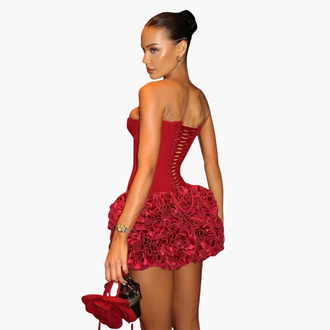 Women’s mini dress with strapless corset bodice and ruffled skirt
