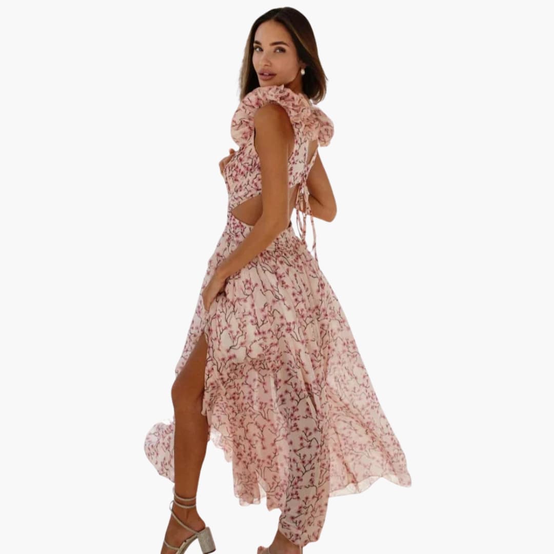 Women Maxi Dress with V-Neck and Open-Back Design