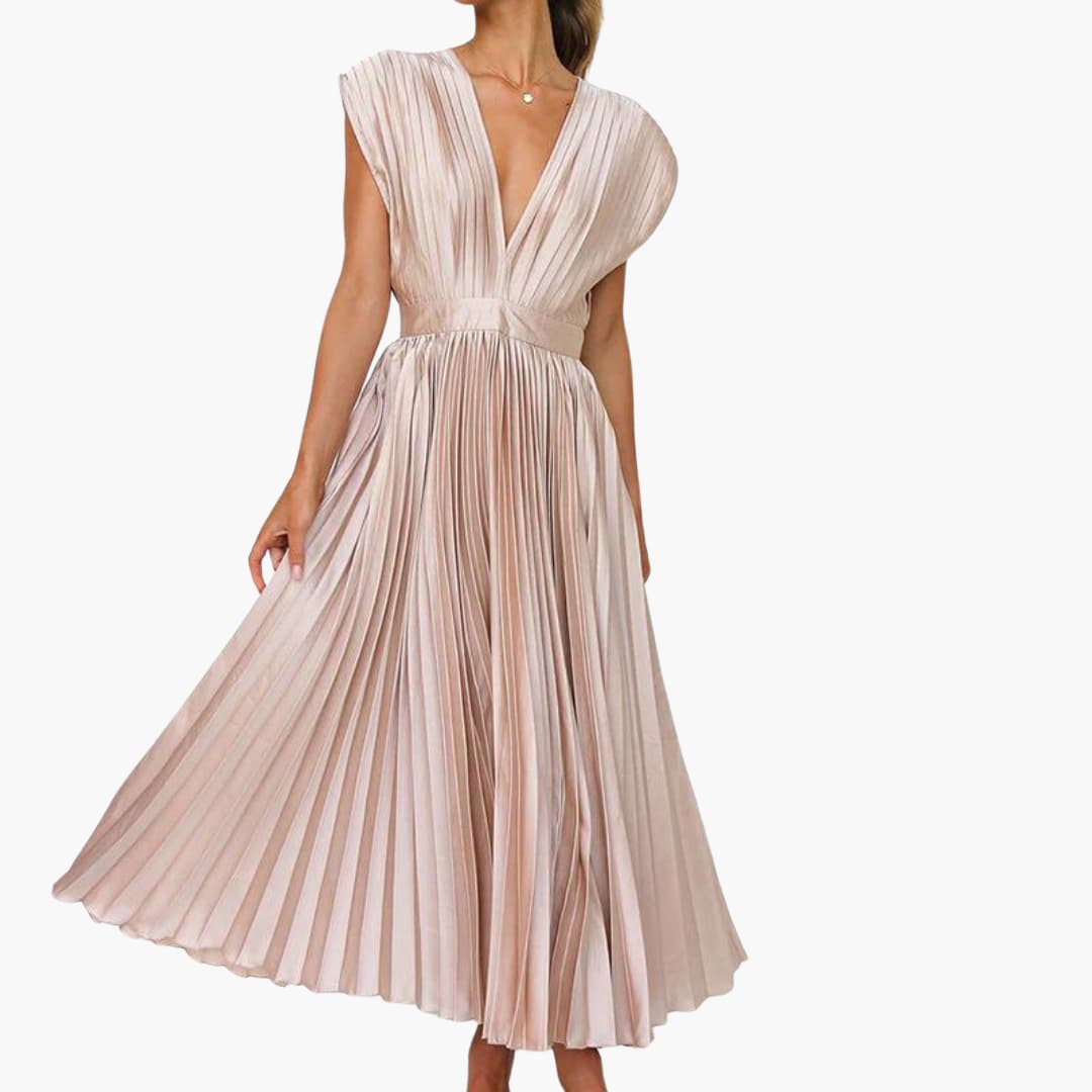 Women’s Midi Dress with V-Neck and Pleated Skirt