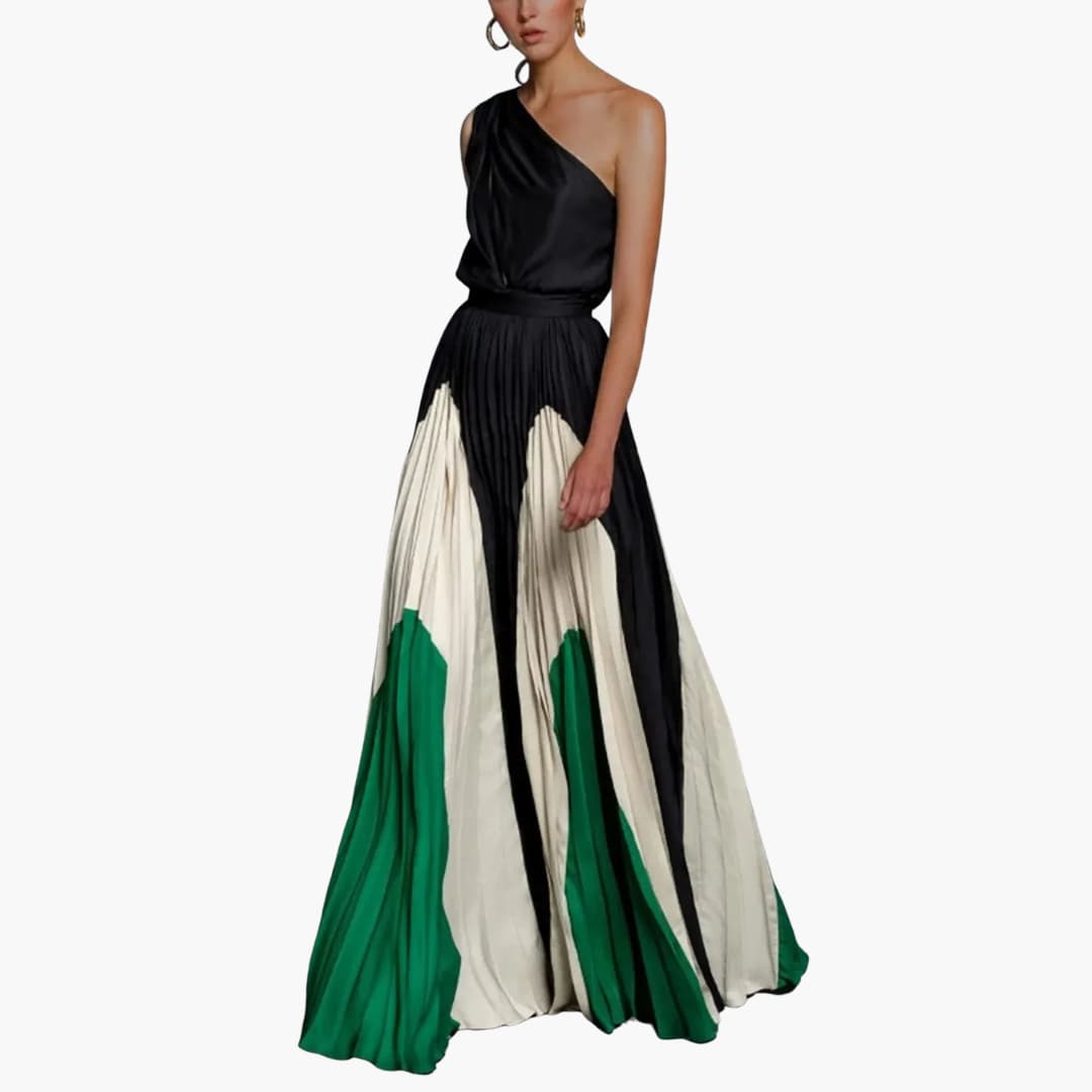 Women’s maxi dress with one-shoulder neckline and pleated skirt