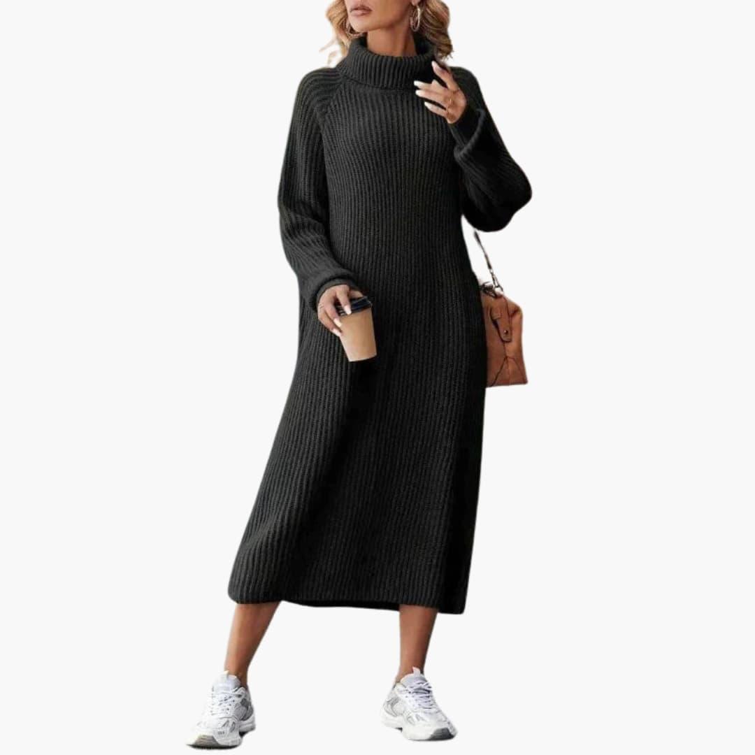 Women's Midi Dress with Turtleneck and Side Slits