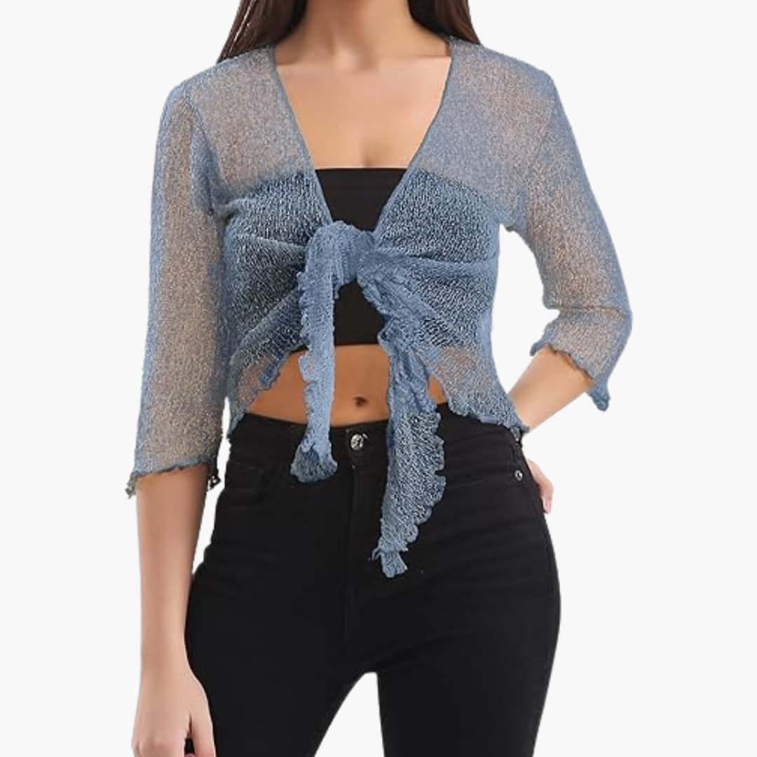 Women's Tie-Up Bolero Top with Sheer Fishnet Knit and Three-Quarter Sleeves