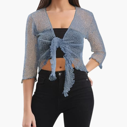 Women's Tie-Up Bolero Top with Sheer Fishnet Knit and Three-Quarter Sleeves