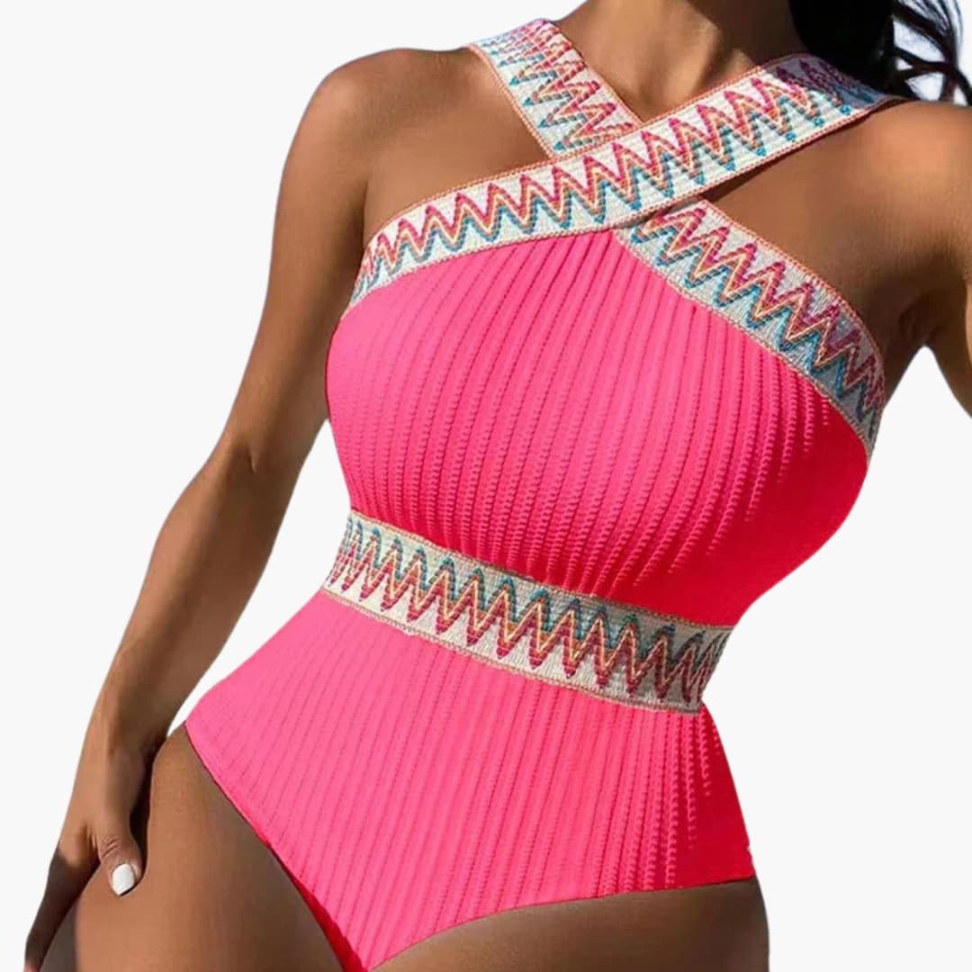 Women’s One - Piece Swimsuit with Striped Pattern and Integrated Shaping Panel