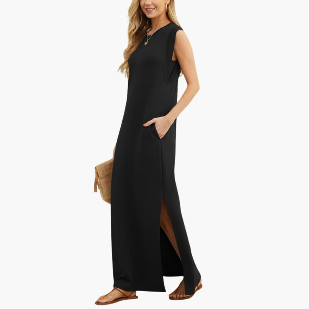 Women's Wrinkle-Free Maxi Dress with Sleeveless Design and Side Slit