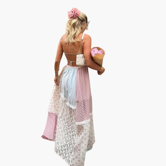 Women’s Patchwork Maxi Dress with Lace-Up Detail