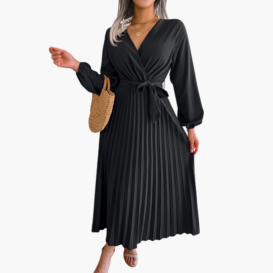 Women’s Pleated Maxi Dress with Wrap Front and Long Sleeves