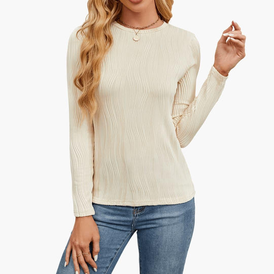 Women's Ribbed Long Sleeve Top with Round Neckline and Fitted Fit