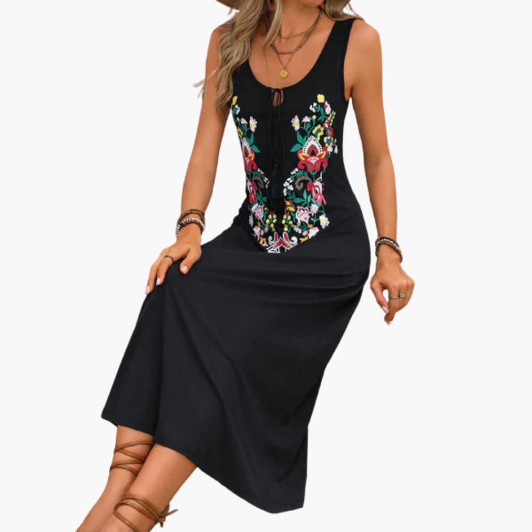 Women's Midi Dress with Keyhole Neck and Sleeveless Design
