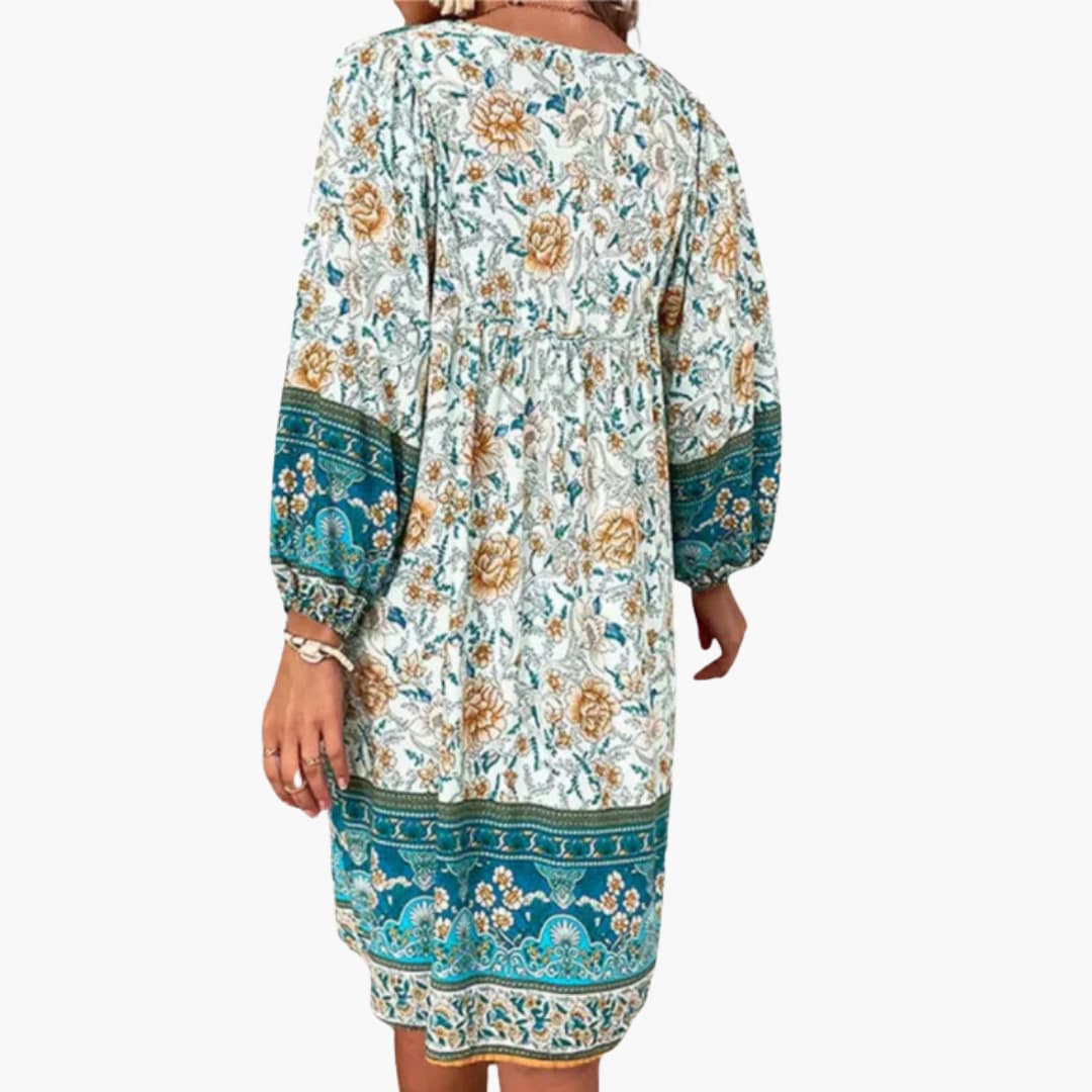 Women's Knee-Length Dress with V-Neck and Long Sleeves