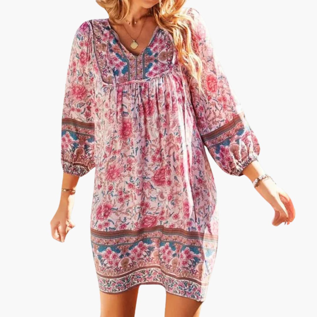 Women's Knee-Length Dress with V-Neck and Long Sleeves