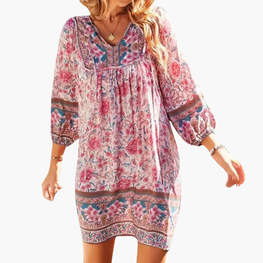 Women's Knee-Length Dress with V-Neck and Long Sleeves