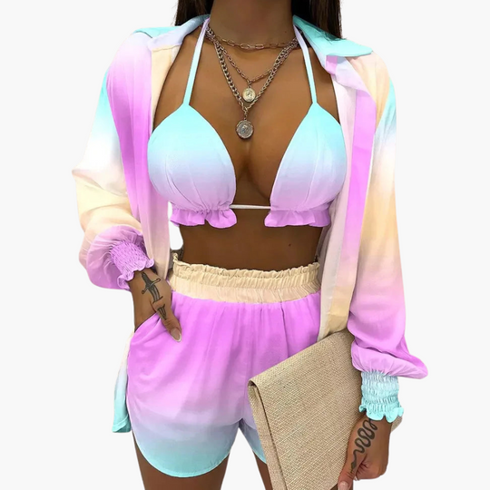 Women’s Beach Set with Ruffled Bikini Top, High-Waisted Shorts, and Cover-Up