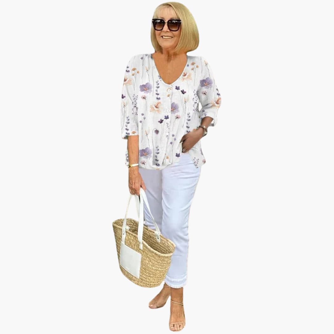 Women's Blouse with V-Neck and Three-Quarter Sleeves