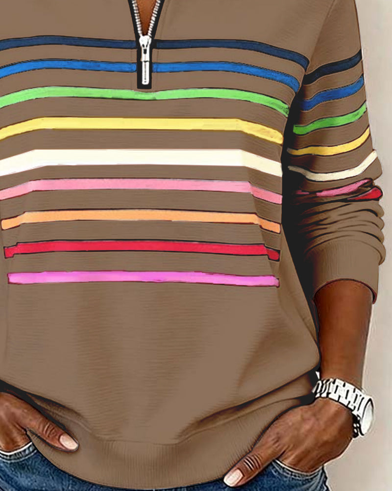 Women's Sweatshirt with Stripes and Half-Zip Design