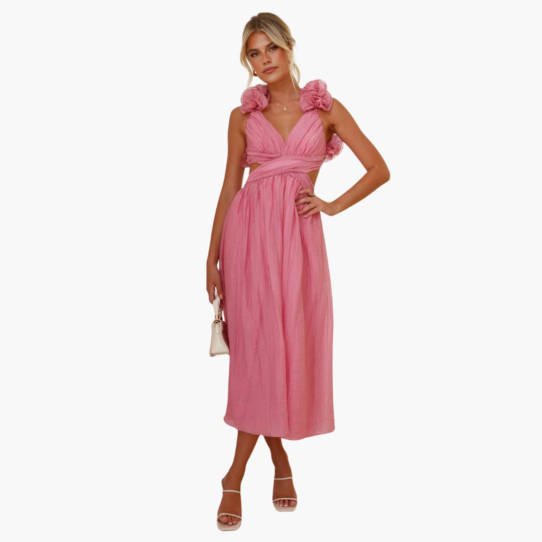 Women's Summer Dress with Ruffle Shoulders and Tie-Back