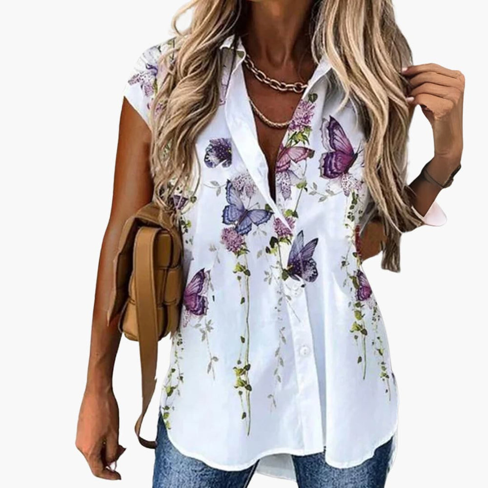 Women’s Sleeveless Blouse with Collar and Button Fastening