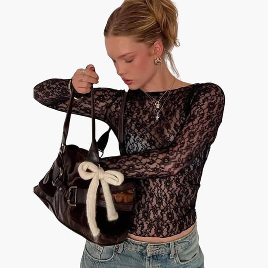 Women's Blouse with Sheer Lace Design and Long Sleeves