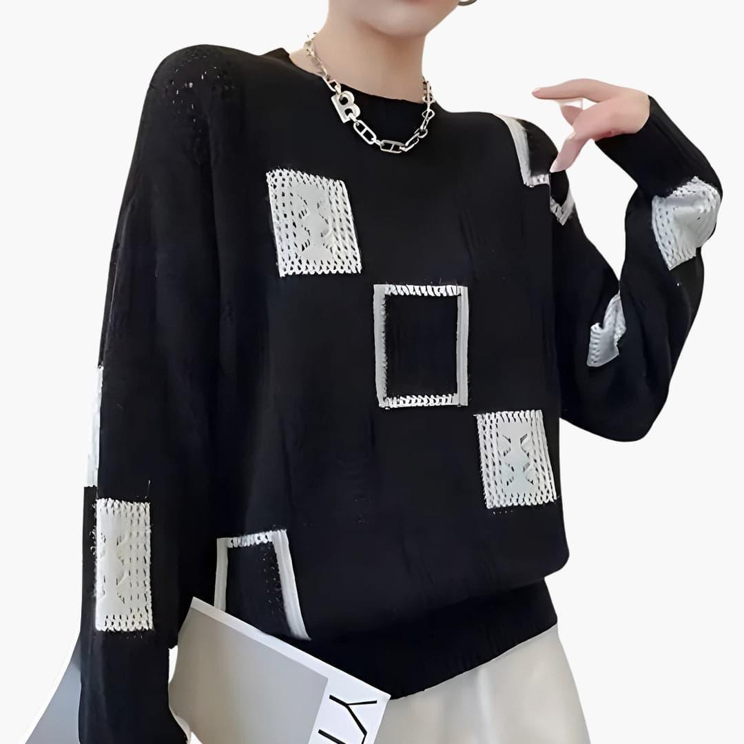 Women’s Patchwork Knit Jumper with Long Sleeves and Pullover Style