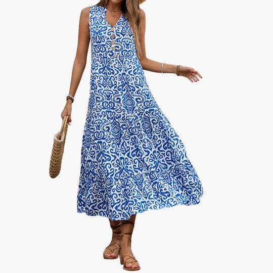 Women's Midi Dress with V-Neck and Abstract Floral Print