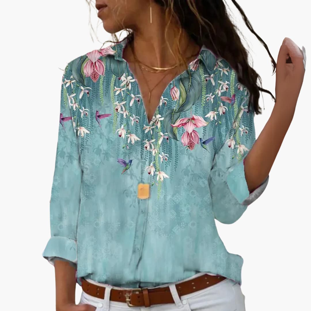 Women’s Floral and Colour Block Blouse with Collar