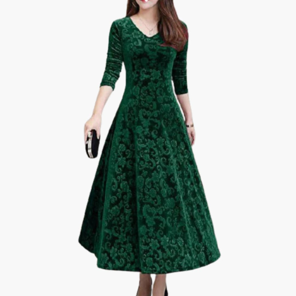 Women’s A-Line Maxi Dress with V-Neck and Three-Quarter Sleeves