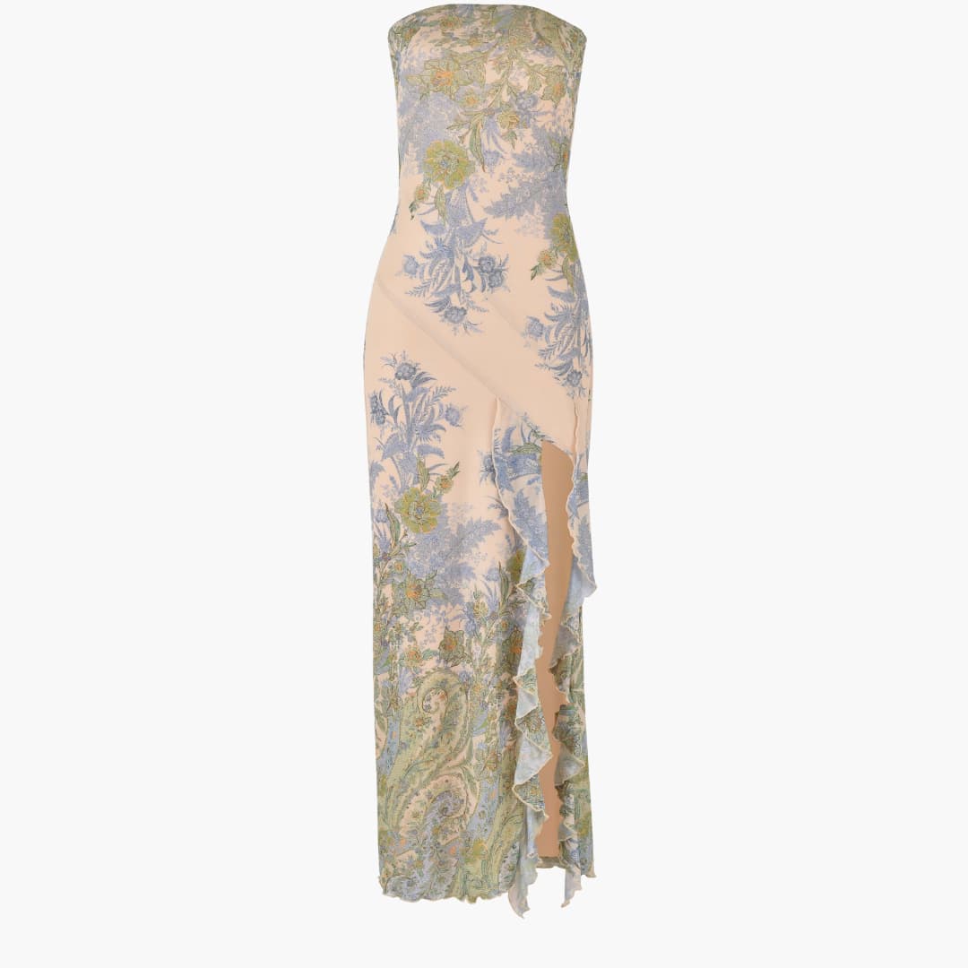 Women’s strapless maxi dress with high slit and floral print