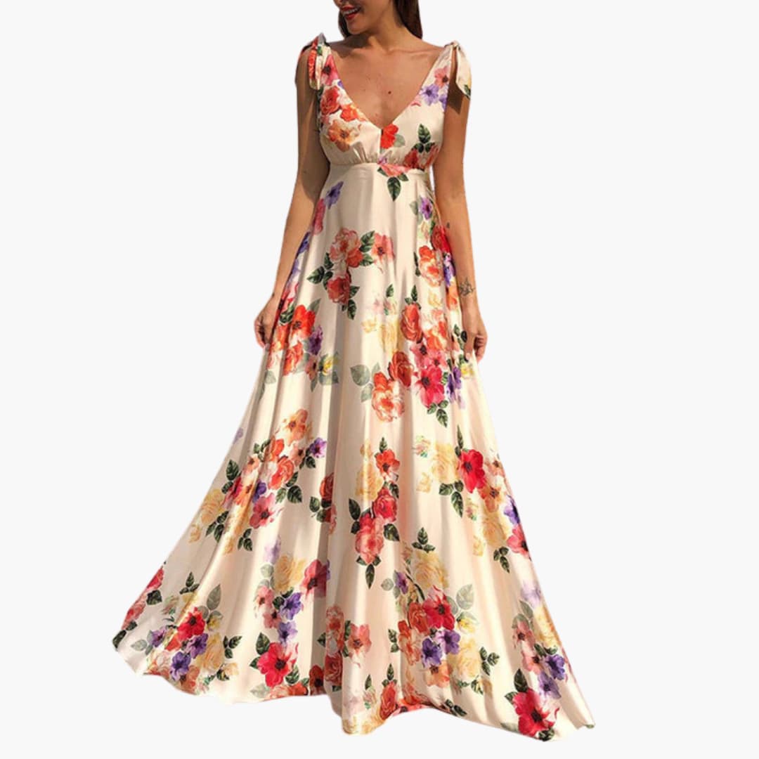 Women’s Sleeveless Floral Maxi Dress with Plunging Neckline and Open Back