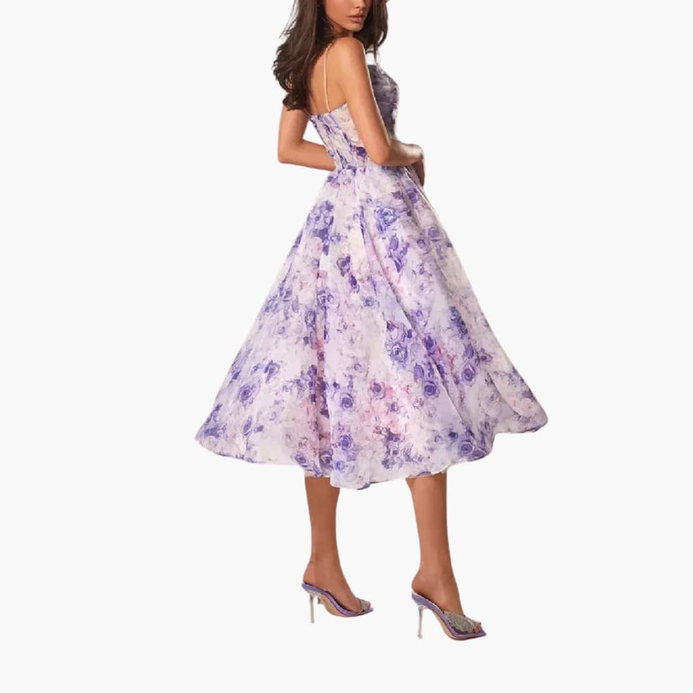 Women’s Floral A-Line Midi Dress with Spaghetti Straps and Fitted Bodice