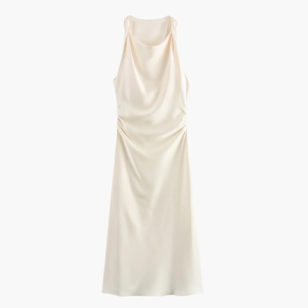 Women’s Satin Cowl Neck Midi Dress with Ruched Waist