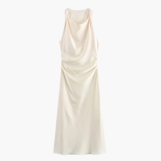 Women’s Satin Cowl Neck Midi Dress with Ruched Waist