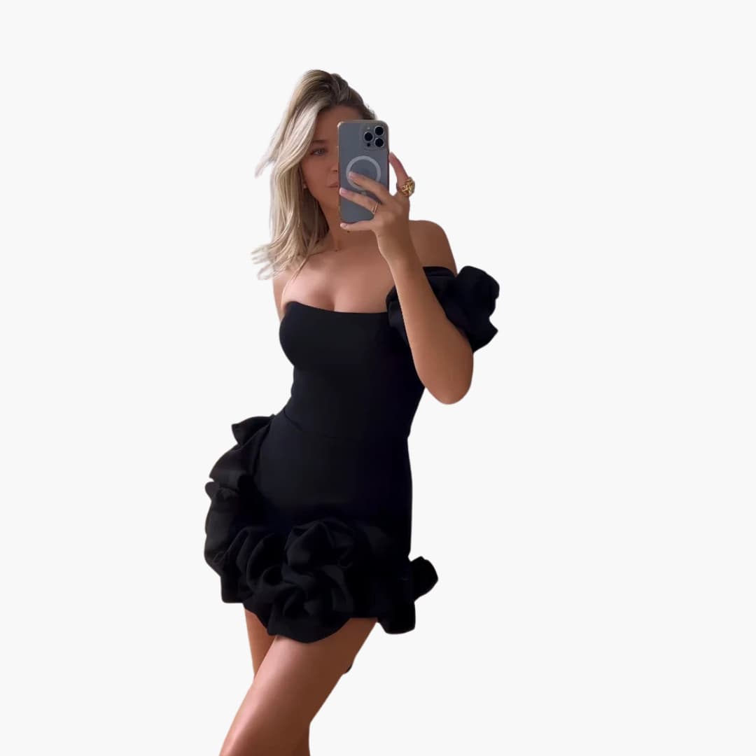 Women’s mini dress with one-shoulder design and ruffle hem