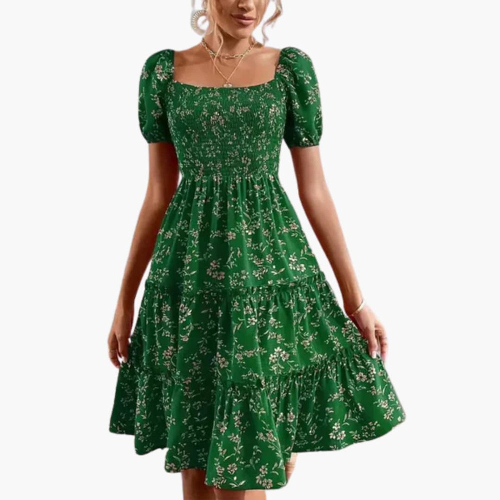 Women's short floral dress with puff sleeves and smocked bodice