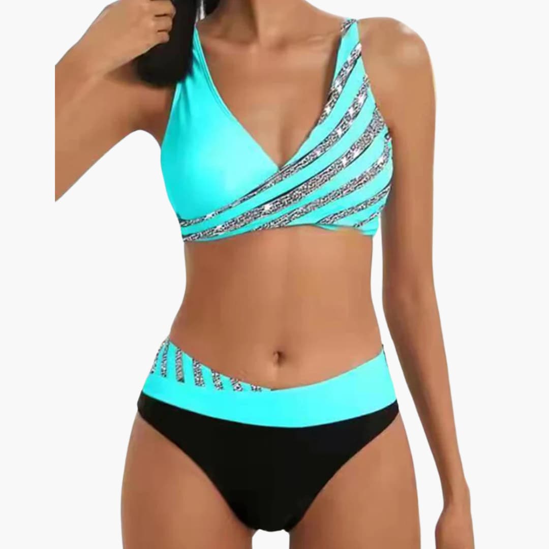 Women’s Two-Piece Bikini Set with Striped and Sparkly Finish