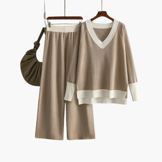Women's Sweater Set with V-Neck Design and Wide-Leg Trousers