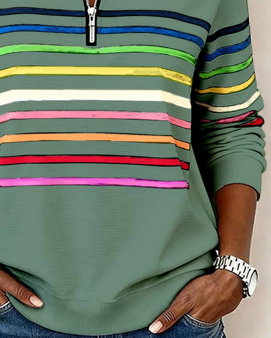 Women's Sweatshirt with Stripes and Half-Zip Design