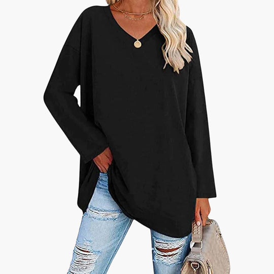 Women's V-Neck Blouse with Long Sleeves and Relaxed Fit