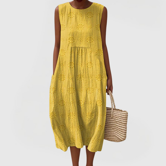 Women's Elegant Dress with Pockets and Floral Embroidery