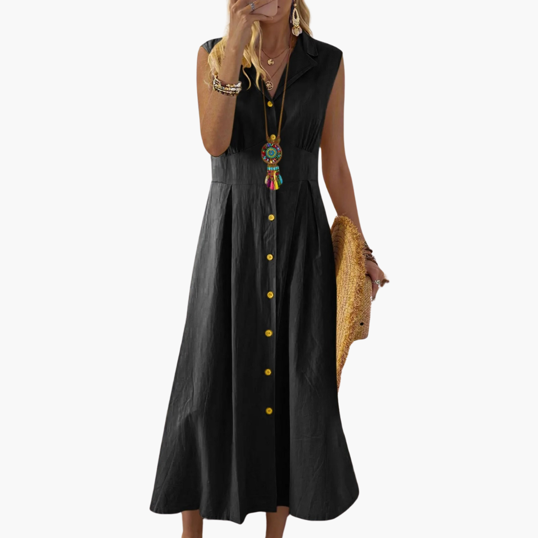 Button-Down Collared Midi Dress – Women's V-Neck Summer Style - Made by Jessica