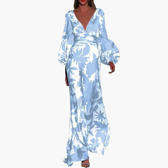 Women’s maxi dress with V-neckline and voluminous sleeves