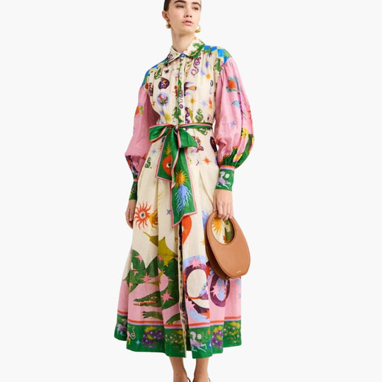 Women’s maxi shirt dress with button fastening and waist tie