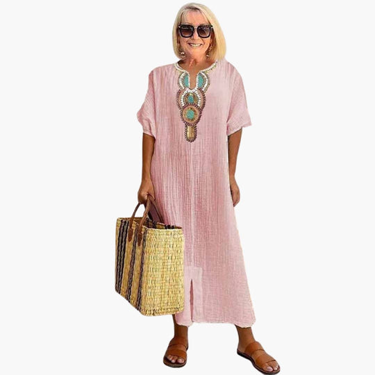 Women's Maxi Dress with Embroidered Neckline and Side Slit